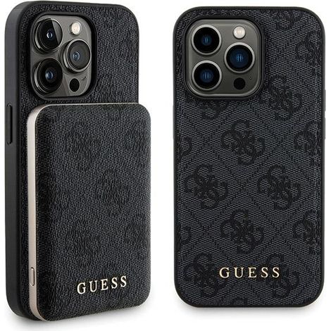 Ensemble Guess GUBPM5P14X4GEMGK pour iPhone 14 Pro Max 6,7" : coque rigide + batterie externe 5 000 mAh MagSafe, noir/noir, logo 4G en métal (1/5)
