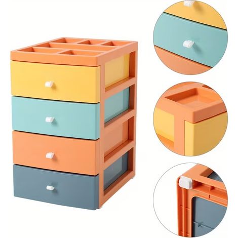 4 Stackable Plastic Desktop Storage Drawer Boxes, Small Multi-Room Desk Organiser, Space-Saving Storage for Office Stationery, Cosmetics, Student Dormitory & Bathroom Countertops (1/5)