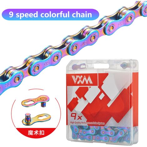 chaîne colorée pour vélo à 9 vitesses Chaîne de vélo VXM colorée électroplaquée, 10 vitesses, 11 vitesses, 9 vitesses, 12 vitesses, 8 vitesses, accessoire universel avec fermeture Velcro. (1/5)