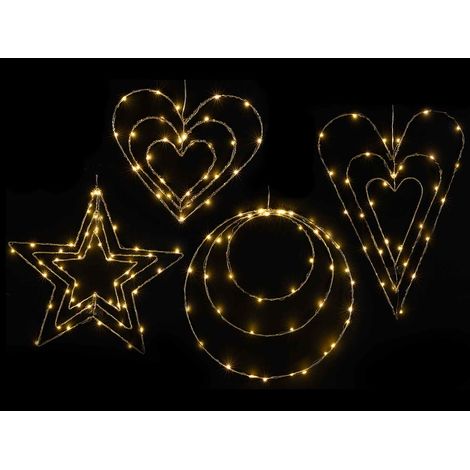 Decorazioni luminose di Natale con luci LED bianco caldo da appendere a forma di cuore, stella e cerchio, set da 4 pezzi, Cuore lungo: cm 35 x 48 H