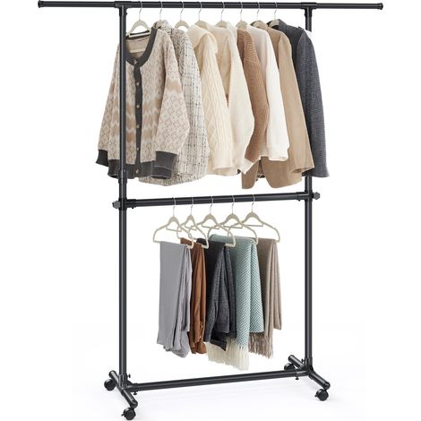 Portant à Vêtements Double Barre, Porte-manteau, Porte-vêtements, Hauteur Réglable de 113 à 180 cm, Barre Centrale Réglable, Noir LLR401B01 (1/5)