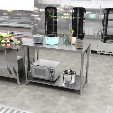 Banco da lavoro in acciaio inox con 2 ripiani, per officina, garage, capannone, 120x60x86 cm, argento