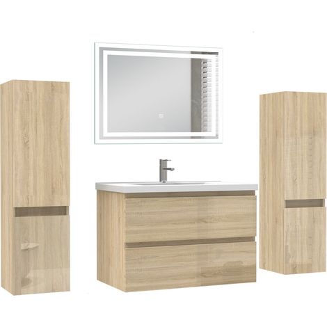 Ocean Ensemble de Meuble salle de bain 79cm avec 2 Tiroirs, miroir led + 2 colonnes 110cm, meuble Chêne Haut Brillant