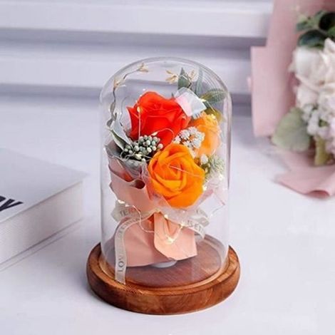 Rose Éternelle sous Cloche - - Orange - Lumière LED - Dôme en Verre (1/5)