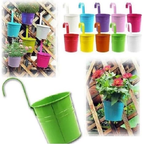 Pots de fleurs suspendus - Lot de 10 - Pots de fleurs suspendus en métal avec crochets amovibles et drainage, pour jardin, terrasse, fenêtre (10 couleurs) (1/5)