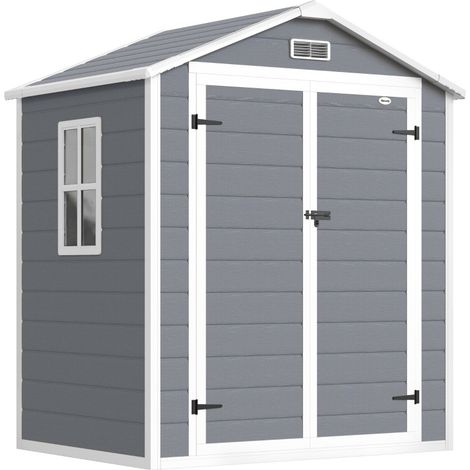 Cobertizo de jardín de metal con cerradura, doble puerta, ventana y marco de aluminio, gris (1/5)