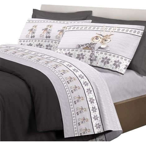 Completo letto lenzuola con stampa fotografica motivo Renna 100% cotone made in italy Grigio - 1 Piazza e mezza