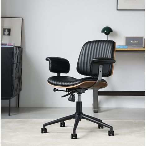 Drehbarer Bürostuhl mit Rollen, höhenverstellbar, mit Armlehnen in Holzoptik schwarz HAVRYA (1/5)