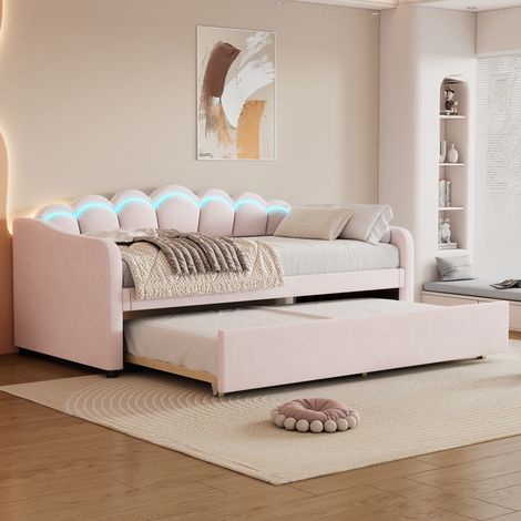 Cama nido tapizada en terciopelo rosa 90x200 cm con cama extraíble y luz LED en cabecero