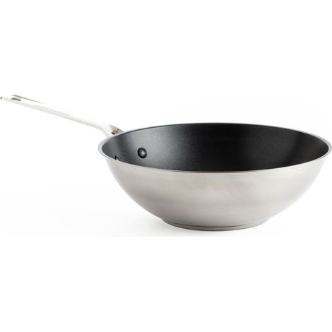 Wok en acier inoxydable antiadhésif en céramique sans PFAS de 28 cm/3,6 litres, pour induction, four et lave-vaisselle, argenté (1/5)