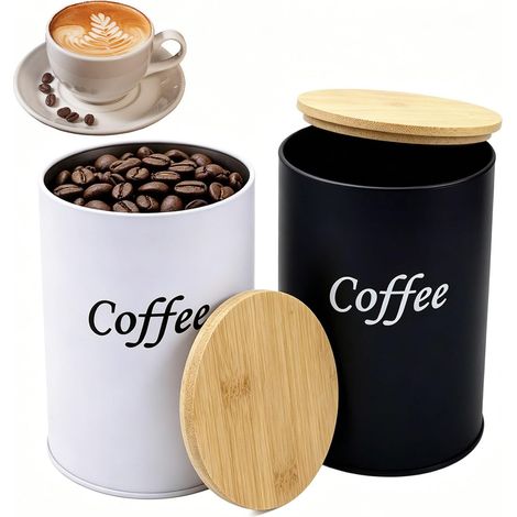 2er Set Kaffeedosen Luftdicht 500 ML, Kaffeebohnen Behälter mit Bambusdeckel, Rund Kaffeedose für Gemahlenen Kaffee Kaffeepulver Kaffeekapseln, Geschenk für Kaffeeliebhaber (Schwarz + Weiß) (1/5)