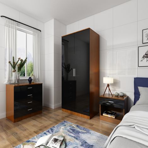 ELEGANT Modern High Gloss Wardrobe and Cabinet Bedroom Furniture Set 2 Doors Wardrobe + 4 Drawer Chest + Bedside Cabinet, Black/Walnut (1/5)