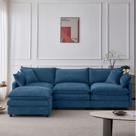Ecksofa 267/154/85 cm in Blau aus Chenille, 3-Sitzer mit modularem Hocker und Taschenfederkern-Komfort (1/5)