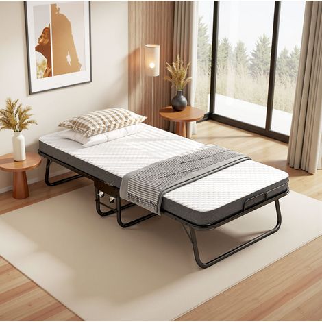Cama infantil de 90x190 cm con colchón viscoelástico de 10 cm, ruedas, estructura de acero, metal negro (1/5)
