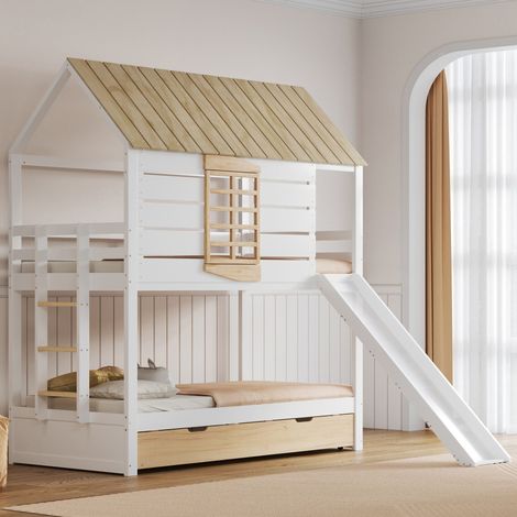 Lit cabane superposé 90x200 avec toboggan et lit gigogne, structure enfant ludique blanc bois naturel (1/5)