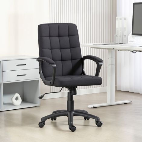 Silla de Oficina Giratoria Tapizada en Lino Sintético Altura Ajustable Basculante Respaldo Medio Reposabrazos Negro (1/5)