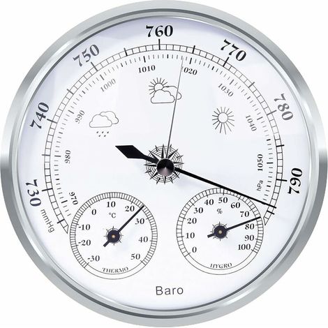 analog weather station - Analog weather station for indoors and outdoors - Consisting of barometer, thermometer and hygrometer(Silver,128mm) (1/5)