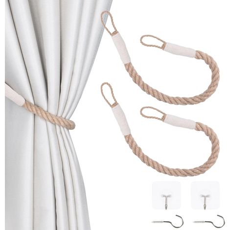 Lot de 2 - Embrasse Rideau - Corde Chanvre - Fixation Murale Sans Perçage - Décoration Intérieur Extérieur - Beige - 54,9x3cm