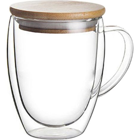 1 Tasse en verre double paroi, anse, couvercle bambou, 350ml, isolante, café, thé (1/5)