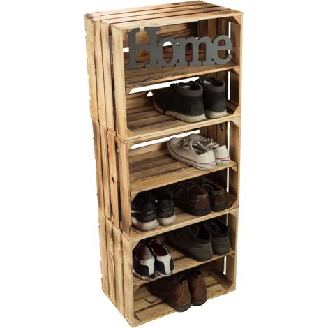 3 x Schuhschrank Schuhregal aus geflammten Holzkisten Schuhablage für 12 Paar Schuhe als Schuhständer Schuhaufbewahrung aus Holz Maße 50x30x40cm (1/5)