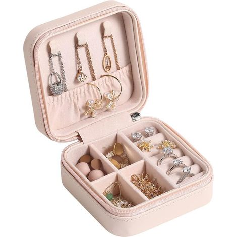 Boîte à bijoux de voyage, petite boîte à bijoux portable, organisateur de voyage, boîte de rangement, bague, boucles d'oreilles, collier, bracelet, cadeau pour femmes et filles, rose (1/3)