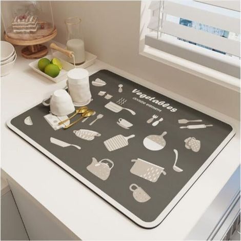 Tapis de séchage pour lave-vaisselle, tapis de séchage super absorbant pour plan de travail de cuisine, gris (1/4)