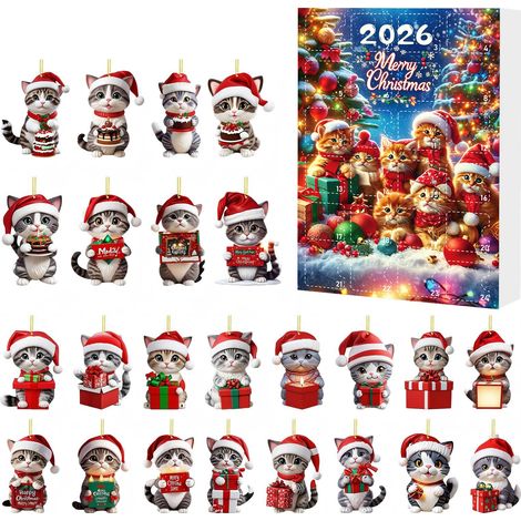Calendrier de l'Avent Chats 2026 - 24 adorables décorations suspendues en acrylique 2D représentant des chats festifs - Un calendrier de l'Avent de 24 jours pour décorer votre sapin de Noël et un cade (1/5)