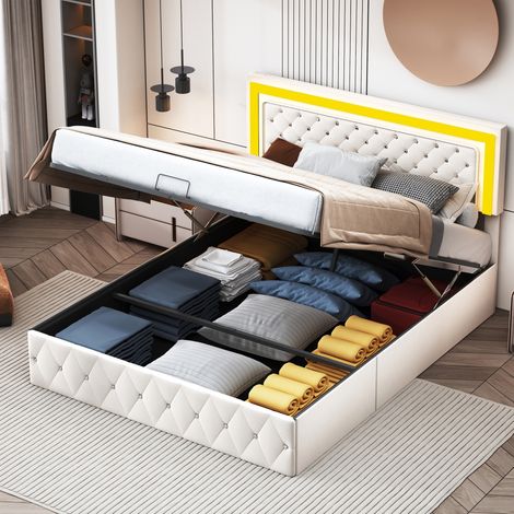 Cama con almacenamiento tapizada 160x200 cm, cabecero decorado con rombos y luces LED, almacenamiento hidráulico, somier de láminas, base de metal, cama doble estilo nórdico - Beige (1/5)