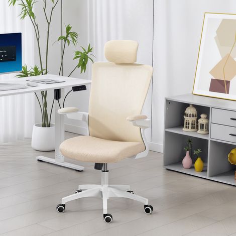 Sedia da ufficio ergonomica, sedia da scrivania, braccioli regolabili, supporto lombare, poggiatesta, 60x63x120 cm, beige
