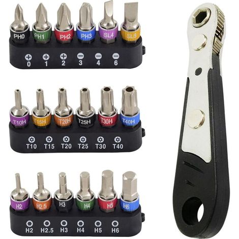 Set mit 19 Mini-Magnet-Ratschenschlüsseln 110 mm – Sechskantbits für Auto, Haushalt und Maschinen – Praktisches und kompaktes Werkzeug (1/4)