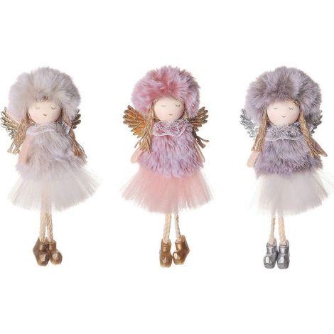 Ange de Noël suspendu pour poupée avec chapeau rond et jupe en laine - 3 pièces - Décoration de porte et sapin - Cadeau pour filles (1/4)