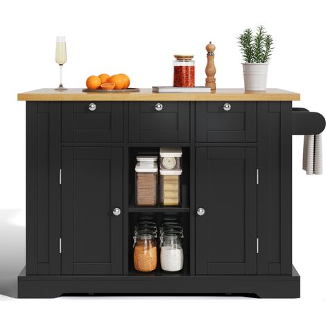 CHICFURN Isla de cocina móvil 132 x 70 x 87 cm negra y natural, ahorra espacio (1/5)