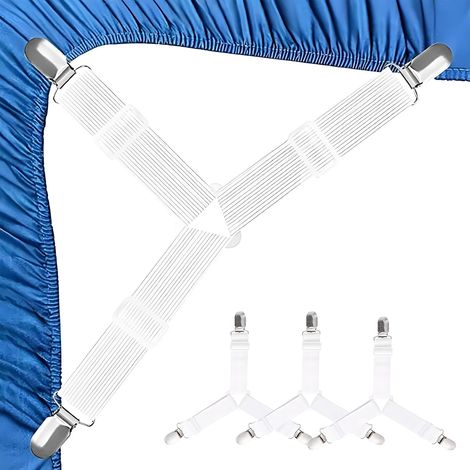 4PCS Fitted Sheet Tensioners, White Fitted Sheet Fasteners, Fitted Sheet Straps, Fitted Sheet Holders, Fitted Sheet Locks, Adjustable Elastic Bands with Metal Clips for Bed Sheets
