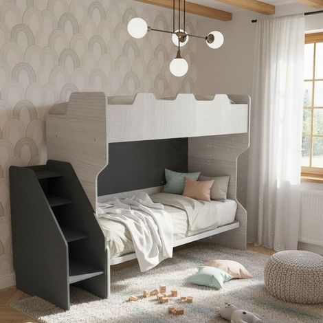 Letto a castello salvaspazio con terzo letto estraibile e scala laterale - Ideale per camerette - Rovere rock