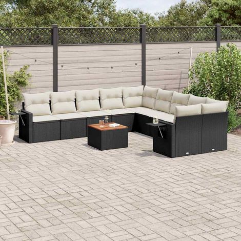 Salon de jardin 11 pcs en résine tressée noir avec meuble bas en acacia et coussins crème - PANGIVO (1/5)