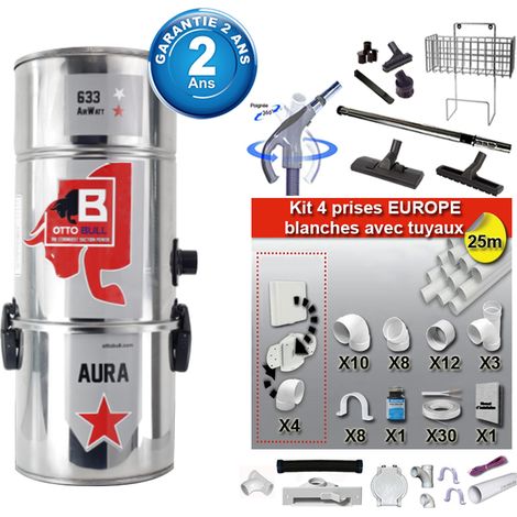 Aspiration centralisée avec sac OTTO BULL AURA 300 INOX (jusqu’à 300 m²), Garantie 2 ans + Set inter 9 M + 8 accessoires + kit 4 prises + kit prise balai + kit prise garage (1/5)