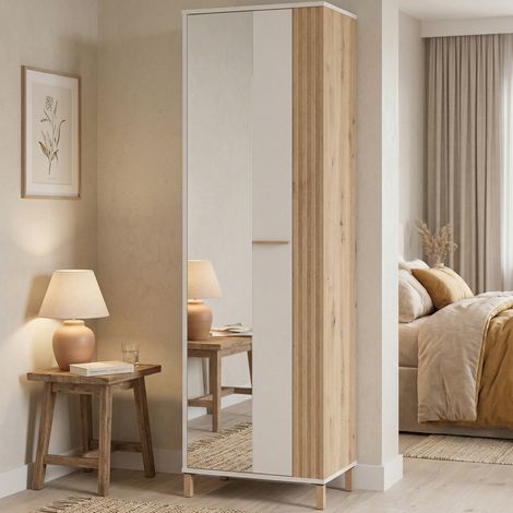Kleiderschrank 1 Tür Pfirsich, Kleiderstange, 4 Einlegeböden, 5 Fächer, Cremeweiß