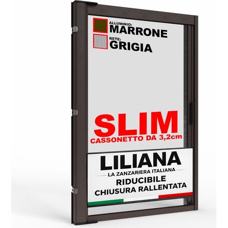 Zanzariera a Rullo "LILIANA32" L 160 x H 250cm Laterale Riducibile per Porta Finestre Con Chiusura Rallentata e Magnetica - Marrone RAL8017 con Rete in Fibra di Vetro Grigia - Made in italy