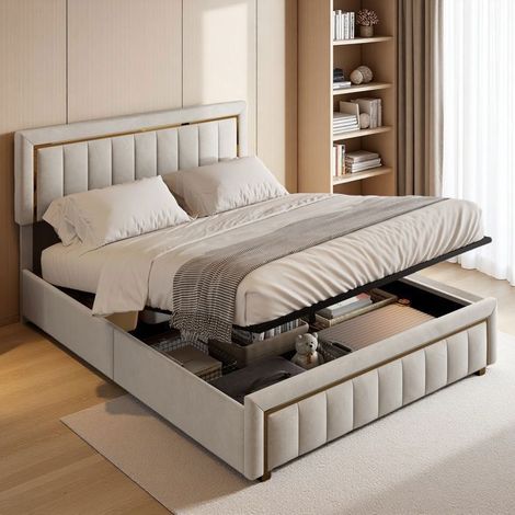 Bettkasten 160x200 cm - TANANT - Beige Samt - Gepolsterter Kopfteil - 2 Plätze - Integrierter Stauraum