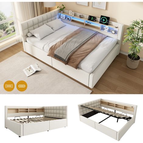 VVBV Lit banquette rembourré, 140 x 200 cm, en mdf, éclairage LED, ports USB et USB-C, prises intégrées, rangements intégrés