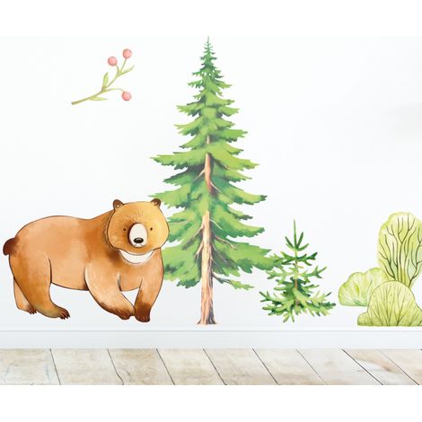 Décor papier peint préencollé Atelier Déco, en forêt, accessoires, nature, enfant, animaux, ours, sapin, 130 cm X 65 cm