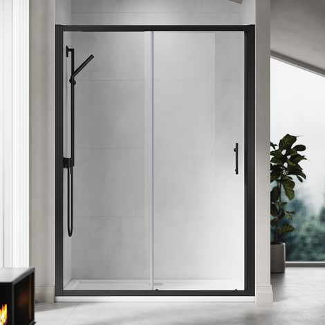 ELEGANT 1400mm Sliding Shower Enclosure Black Frame Shower Door 6mm Tempered Glass with 1400x800mm Shower Tray, Waste Trap, Riser Kit (1/5)