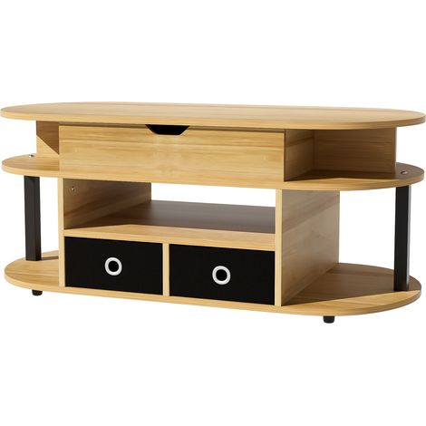 Table basse multifonction en bois avec plateau relevable, rangement et tiroirs en tissu noir – 105x50x45/60 cm (1/5)