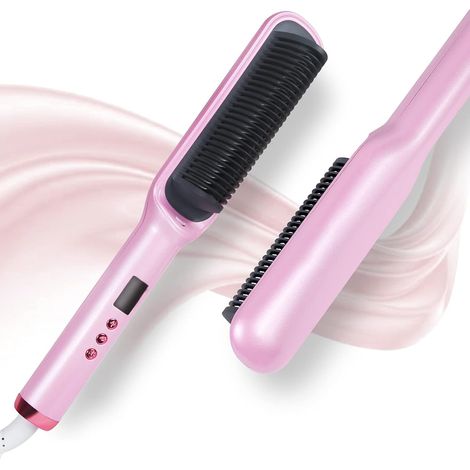 Brosse lissante ionique en céramique, chauffe rapide en 10 secondes (190 °C), peigne chauffant avec fonction anti-brûlure, 17 réglages de température, double tension, outil de coiffage.