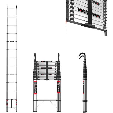 Échelle Télescopique 5M/16.4FT Escabeau Extensible en Acier Inoxydable avec Crochets Détachables, Échelle Extensible Antidérapante Polyvalente Échelle Pliante, 12 Marches, Charge Max 150kg (1/5)