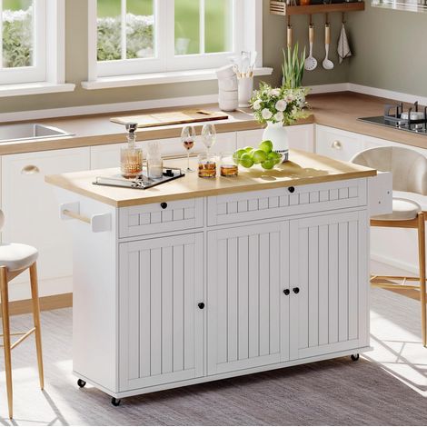 Isla de cocina 137x70x89,5 cm en MDF blanco y madera natural con almacenaje FloraGrace (1/5)