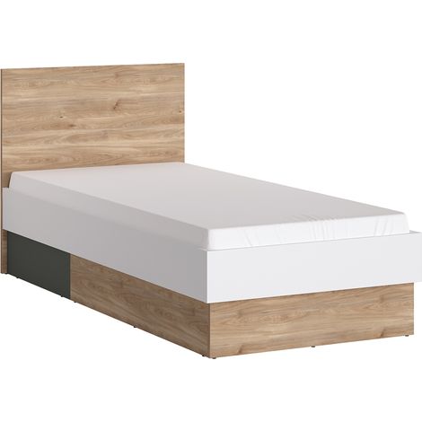 Jugendbett 90 cm in Eiche Nb. mit weiß und grau TOMAR-129, B/H/T ca. 95,3/95,5/204,9 cm (1/5)