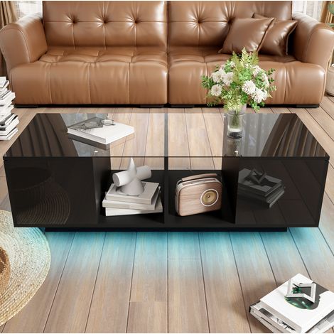 Couchtisch 120x50x38.5 cm Schwarz aus Glas, MDF und Spanplatte mit LED-Beleuchtung und Stauraum (1/5)