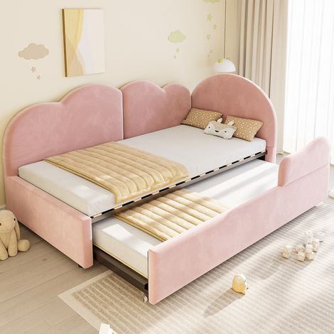 Canapé-lit rembourré extensible L 90/180x200cm - Tête de lit nuage velours - Velours - Rose (1/5)
