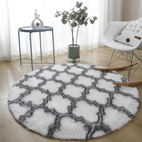 DESSOUS DE TAPIS Tapis de Salon chambre Shaggy Blanc Gris Rond Diamètre 120cm